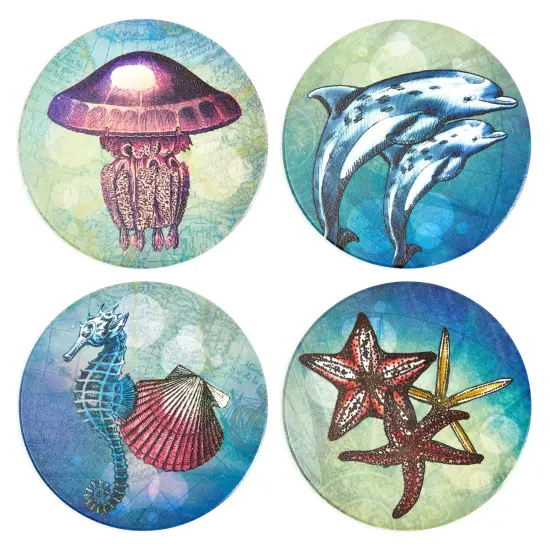 Set of 8 Ocean Animal Ceramic Table Coasters for Drinks with Holder and Cork Base (4 In) Multicolor {7}