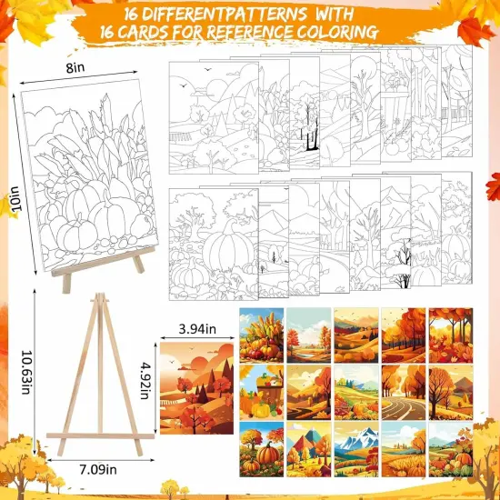16 Set Pre-Drawn Canvas Painting Kit &ndash; 8x10 Inch with Easels & Brushes (Fall) {2}