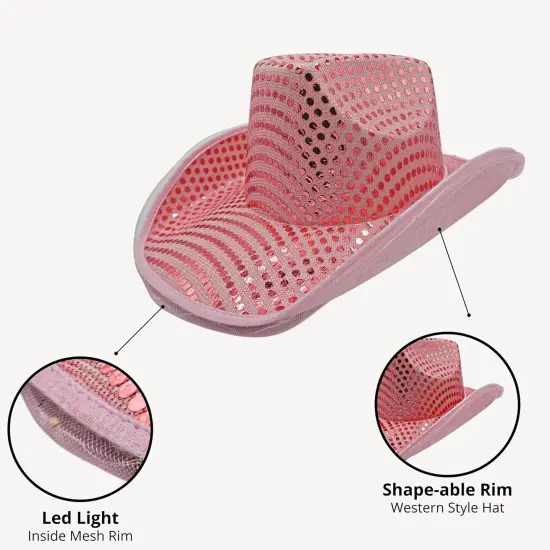 4E's Novelty Light Up Pink Cowgirl Hat - Cowgirl Hat with Sequins, Disco Cowgirl Hat for Women & Teens {4}