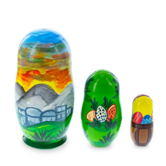 Set of 3 Jesus with Cross, Easter Eggs Wooden Nesting Dolls 4.25 Inches {6}