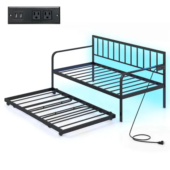 Costway Twin Daybed Adjustable Sofa Bed Frame with Charging Station & LED Lights {1}