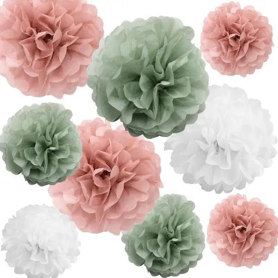 Sage Green Dusty Pink Boho Tissue Pom Poms Pastel Paper Flowers Backdrop for Baby Shower Wedding Bridal Shower Birthday Nursery Wall Hanging D&eacute;cor, Large 12" &10" Pom Pom Decorations {1}