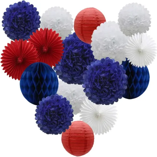 Navy Blue Red White Party Decorations 16pcs Paper Pom Poms Honeycomb Balls Lanterns Tissue Fans for 4th of July Day Patriotic Shake Theme Birthday Graduation Nurse Party {1}