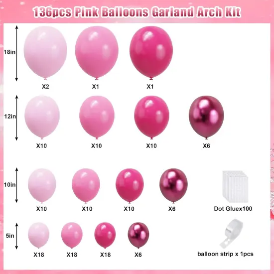 Pink Balloon Garland Arch Kit, Hot Pink Balloons Metallic Pink Balloon for Birthday,Princess, Wedding, Baby Shower, Valentine's Day Party Decorations {2}