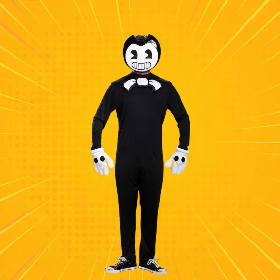 Classic Bendy Teen adult Costume Black Jumpsuit with Mask and Gloves Set Black/White {5}