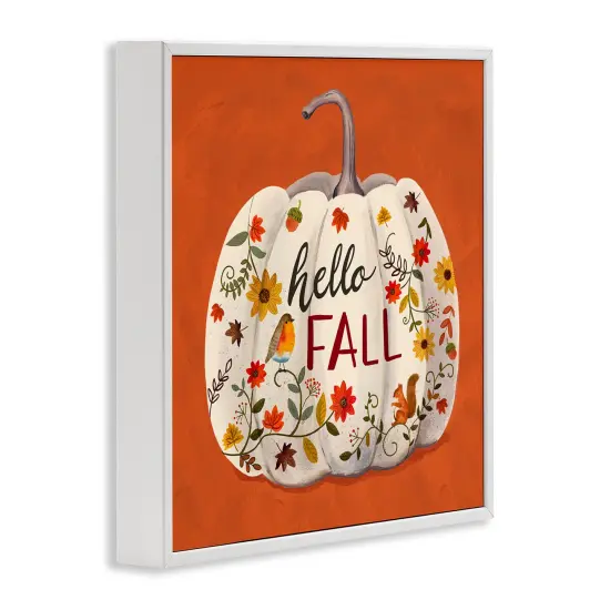 Hello Fall Patterned White Pumpkin Floral Botanicals Framed Giclee Art Black {9}