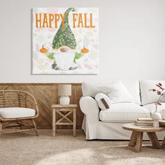 Happy Fall Patterned Gnome Holding Orange PumpkinsCanvas Art {2}