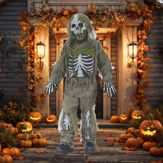 Boy's Skeleton Zombie Costume Halloween Scary Undead Tattered Bones Outfit with Mask and Gloves {3}