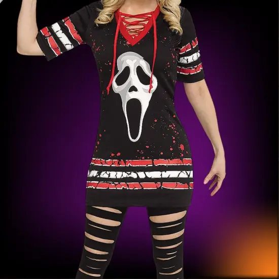 Adult Ghost Face Dress Costume Halloween V-Neck Iconic Mask Print {4}