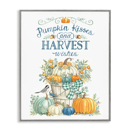 Harvest Wishes Autumnal Fall Pumpkins Botanical BouquetFramed Giclee Art Gray {1}