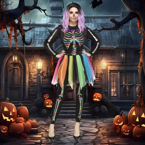Skeleton Rainbow Foil Costume, Halloween Colorful Skeleton Jumpsuit Party Dress Up Outfit {3}