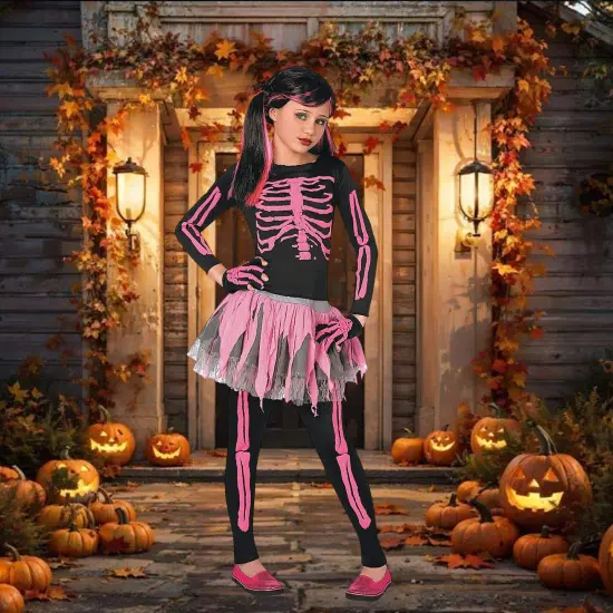 Girls Pink Skeleton Costume with Tutu Skirt and Gloves {3}