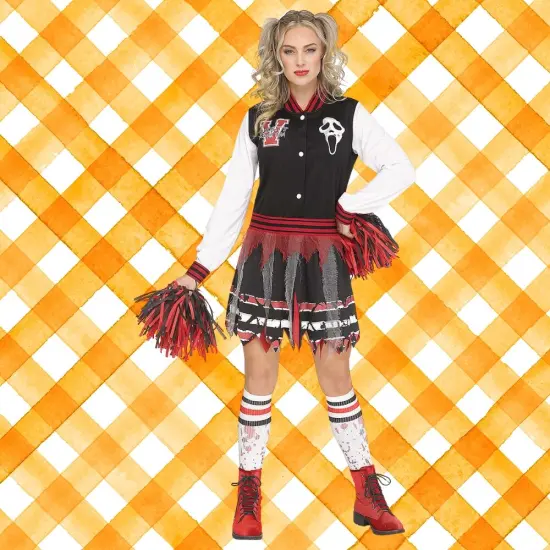 Scream for the Team Cheerleader Costume Adult Medium Large Halloween Varsity Dress Ghost Face Socks Pom Poms {1}