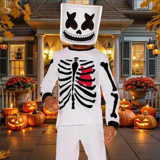 Kids Marshmello Black and White Mello Skeleton Costume Halloween DJ Mask Shirt Dress Up Outfit {5}