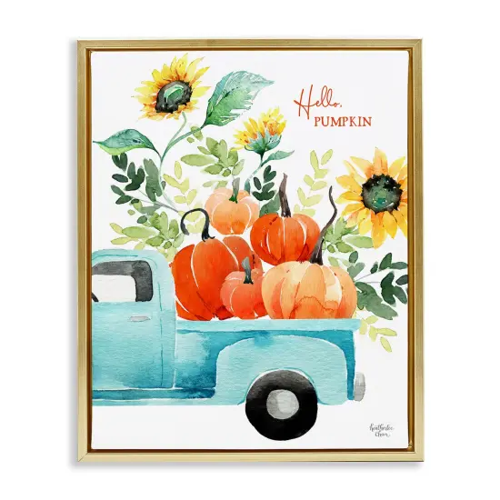Hello Pumpkin Autumn Truck Carrying Seasonal Plants Floating Frame Canvas Art Gold {1}