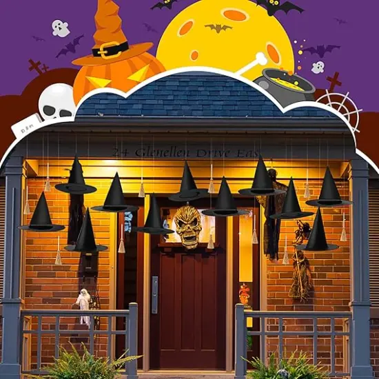 24 PCS Halloween Decorations &ndash; 12 Mini Witch Hats & 12 Mini Brooms with Rope and Hooks {5}