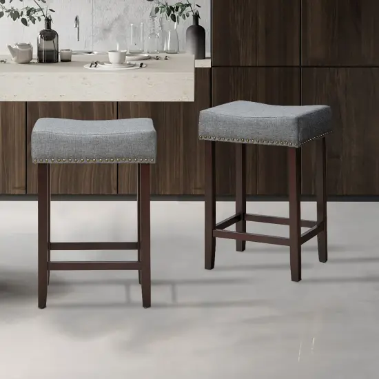 Costway Set of 2 Nailhead Saddle Bar Stools 24'' Height w/ Fabric Seat & Wood Legs BeigeGray {2}