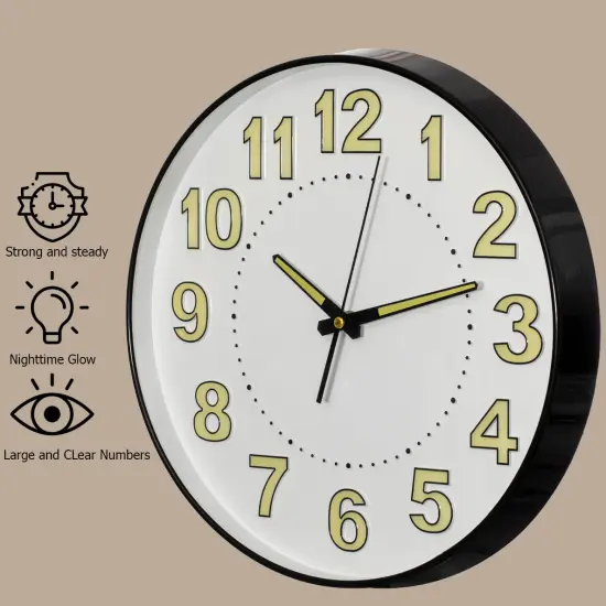 Clockswise 14" Decorative Glow in the Dark Quartz Wall Clock Battery Operated Classic Round Design Luminous Green Numbers & Hands Easy to Read Face for Home Office Classroom Hotel & Restaurant, Black {2}
