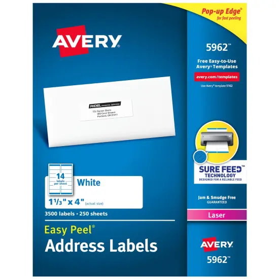 Avery Easy Peel Address Labels, Sure Feed Technology, Permanent Adhesive, 1-1/3" x 4", 3,500 Labels (5962) {1}