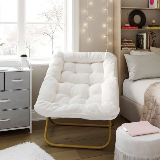 Emma and Oliver Aisling Oversized Folding Saucer Chair for Dorm, Bedroom IvoryFabric/SoftGold {1}