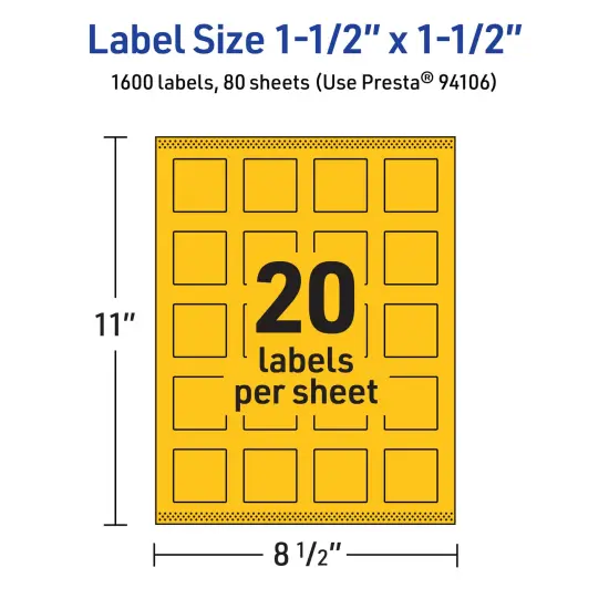 Avery Bright Yellow Paper Labels, 1.5" x 1.5" Square {5}