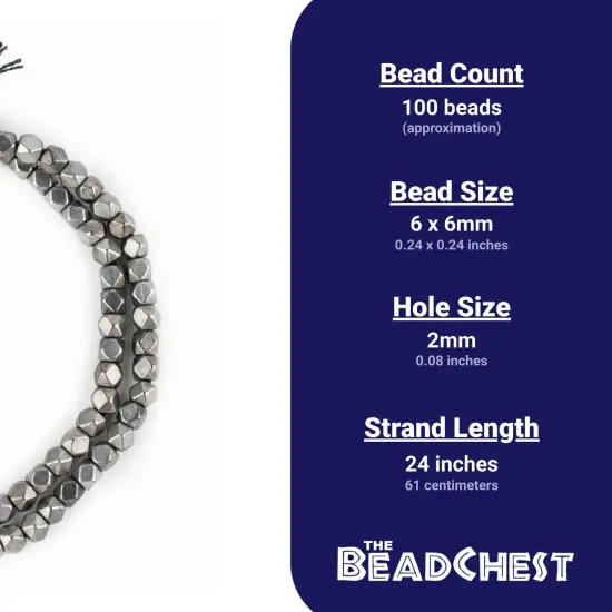 The Bead Chest Dark Silver Faceted Diamond Cut Beads 6mm White Metal Large Hole 24 Inch Strand {4}