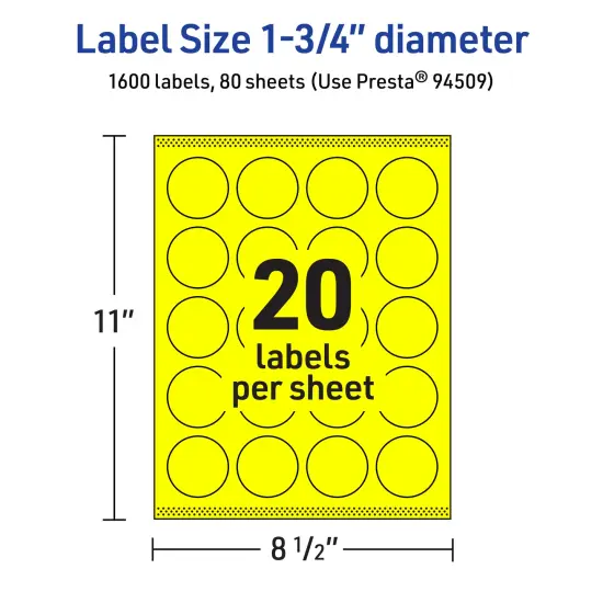 Avery Neon Yellow Paper Labels, 1.75" Diameter Round {5}