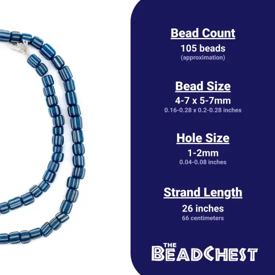 The Bead Chest Java Gooseberry Beads - Full Strand of Striped Glass Beads (Blue, 4mm) {4}