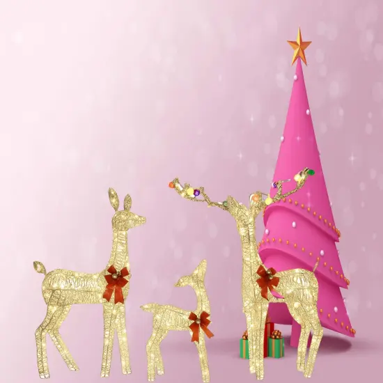 Large Iridescent Reindeer Trio with Lights for Christmas Front Yard Setup 52"+46"+29" {1}