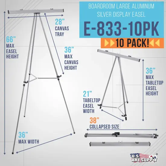 66" High Boardroom Classroom Silver Flip Chart Easel & Presentation Stand (10 Pack) - Adjustable Floor/Tabletop, Portable Tripod, Holds 25 lbs., for Chart Paper, Poster Boards, & Pads {2}