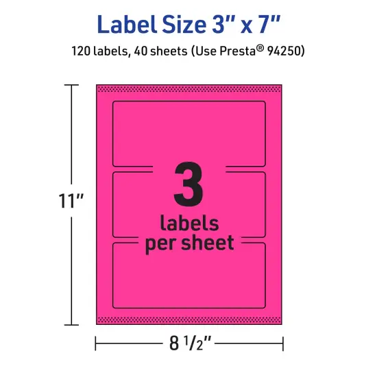 Avery Neon Magenta Paper Labels, 3" x 7" Rectangle {5}
