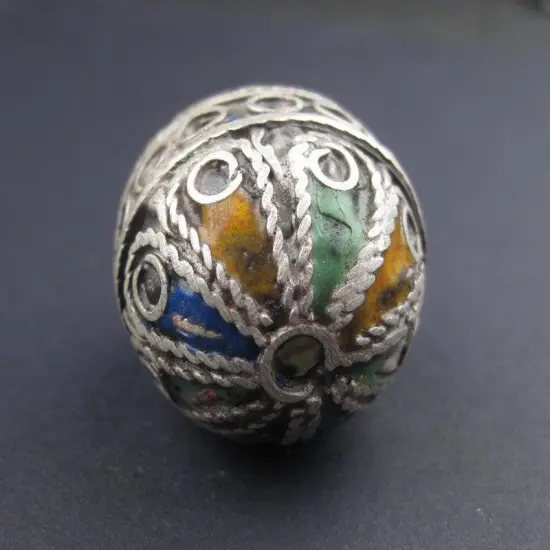 The Bead Chest Artisanal Enameled Round Silver Berber Bead 28mm Morocco African Oval White Metal Handmade {2}