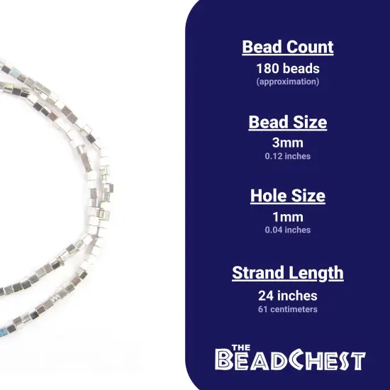 The Bead Chest Shiny Silver Cube Beads 3mm White Metal 24 Inch Strand {3}