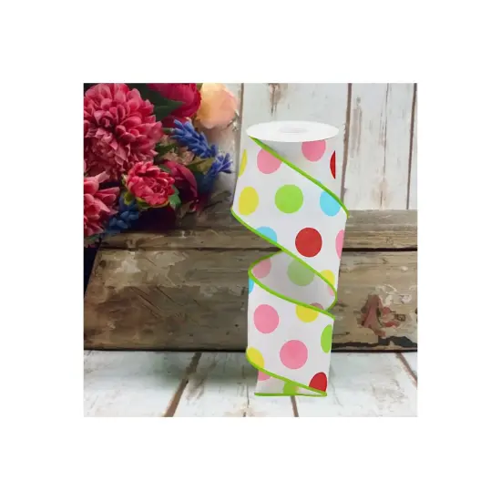 2.5" Multi Polka Dots on Royal Ribbon: White/Green (10 Yards) {3}