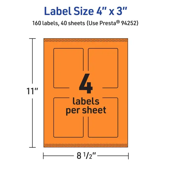Avery Bright Orange Paper Labels, 4" x 3" Rectangle {5}