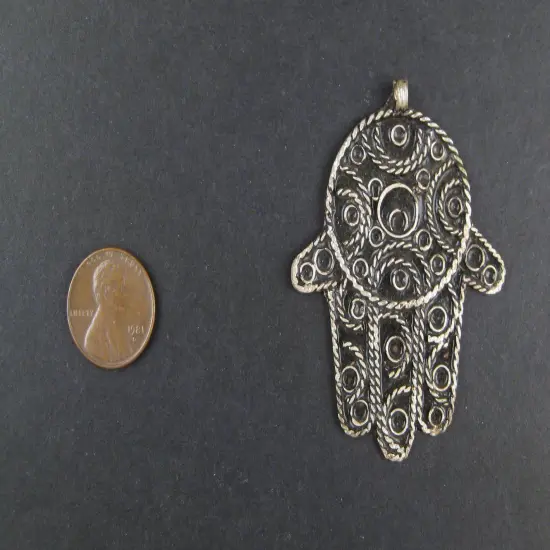 The Bead Chest Moroccan Hamsa Pendant 43x60mm Morocco African Silver White Metal Large Hole Handmade {2}