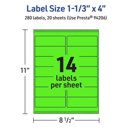 Avery Neon Green Paper Labels, 1-1/3" x 4" Rectangle {5}