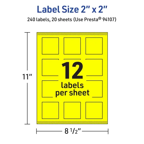 Avery Neon Yellow Paper Labels, 2" x 2" Square {5}