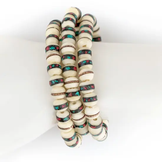 The Bead Chest Mala Stretch Bracelet, White - Stackable Nepal Bone Inlaid with Turquoise & Coral Colors, 100% Authentic and Genuine {4}