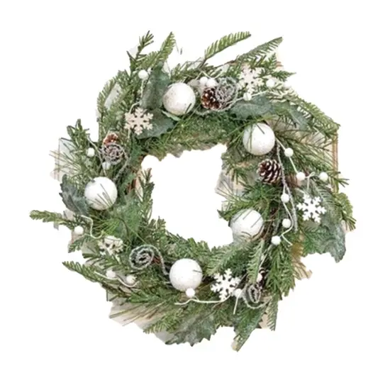 White Christmas Wreath 24" with Glittered Florals, Pinecones, and Snowflakes {1}