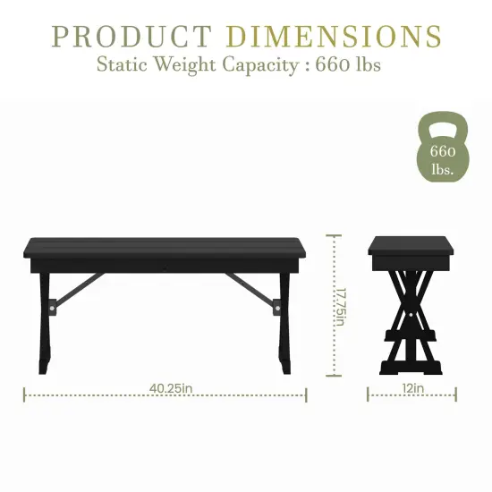 Merrick Lane Tinsley 40" x 12" Solid Pine Folding Farmhouse Style Bench, Rustic Pinewood Folding Dining Bench with Locking X-Legs Black Wash {6}