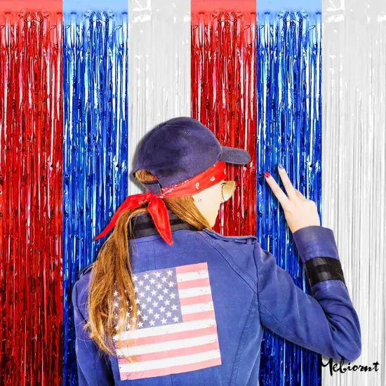 4 Pack 3.2Ft x 6.6Ft Independence Day Fringe Curtain Backdrop, Red Blue White Metallic Tinsel Foil Fringe Streamers Curtains Background for Photo Booth Birthday Wedding Carnival Party Decorations {1}