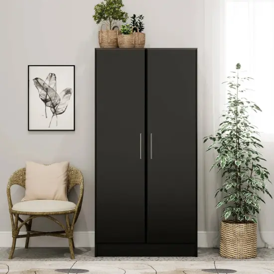 65-Inch Freestanding Tall Cabinet with Clothing Rod and Shelves for Bedroom or Kitchen Storage Black {1}
