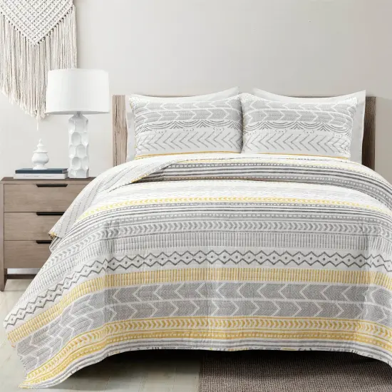 3 Piece Lightweight Cotton Quilt Set Grey White Yellow Reversible Bedding with Pillow Shams {6}
