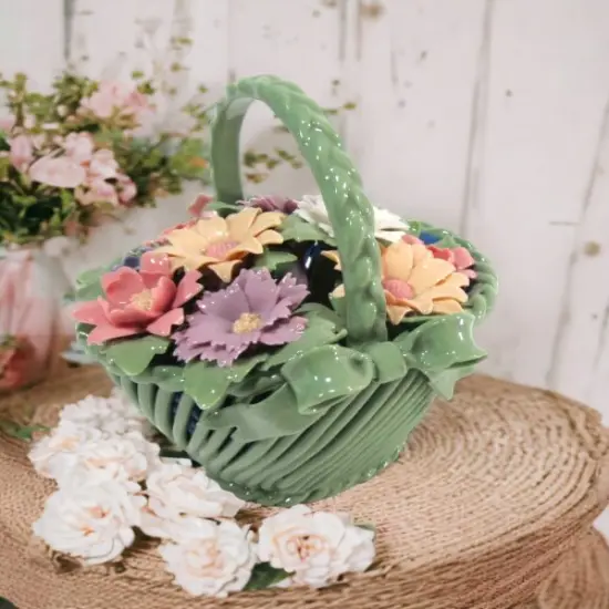 Ceramic Weaved Flower Basket Figurine, Home D&eacute;cor, Gift for Her, Gift for Mom, Vanity D&eacute;cor {2}