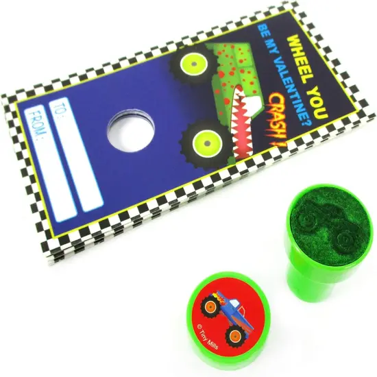 Tiny Mills 36 PACK Monster Truck Cards with Monster Truck Stampers for Valentine's Day Classroom Exchange Favor Prizes {2}
