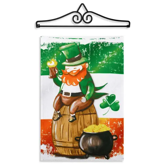 G128 Combo Pack Garden Flag Hanger 14IN & Garden Flag Happy St. Patrick's Day Leprechaun Barrel Gold Printed 12x18IN Double Sided {1}