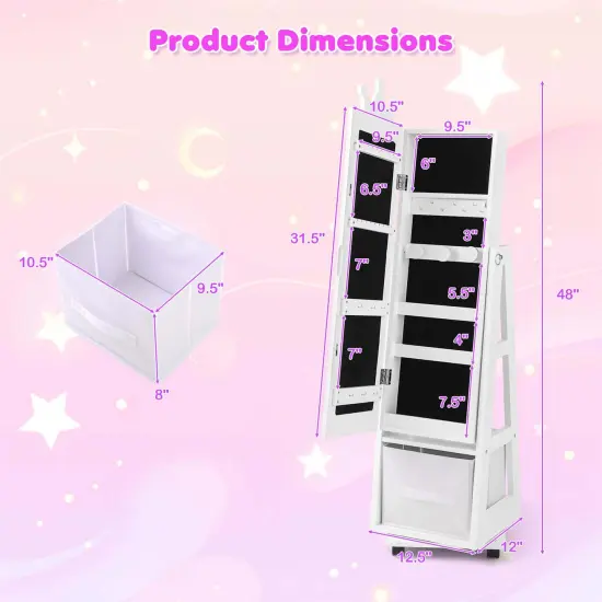 Costway Kids Jewelry Cabinet with Full-Length Mirror Foldable Drawer Anti-toppling System White/Pink {9}