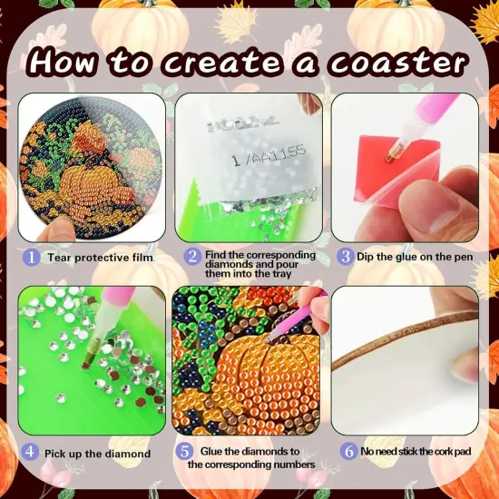 8 Pcs Fall Pumpkin Diamond Art Painting Coasters Kits {3}