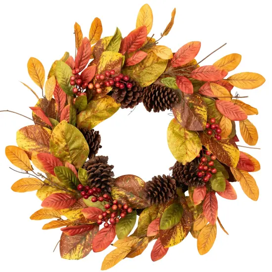 Northlight Leaves, Pinecones and Berries Artificial Fall Harvest Wreath - 26" Orange {3}